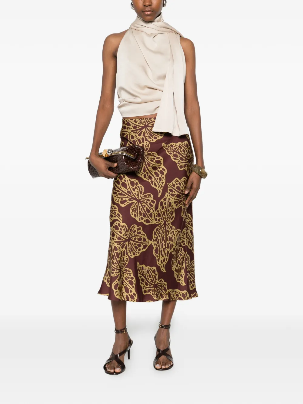  Ottod'ame Leaf-print Midi Skirt - Brown 