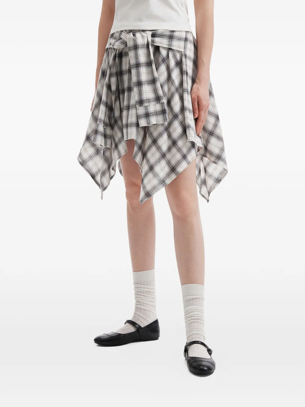  B+ab Plaid-pattern Tie-waist Asymmetric Skirt - White 