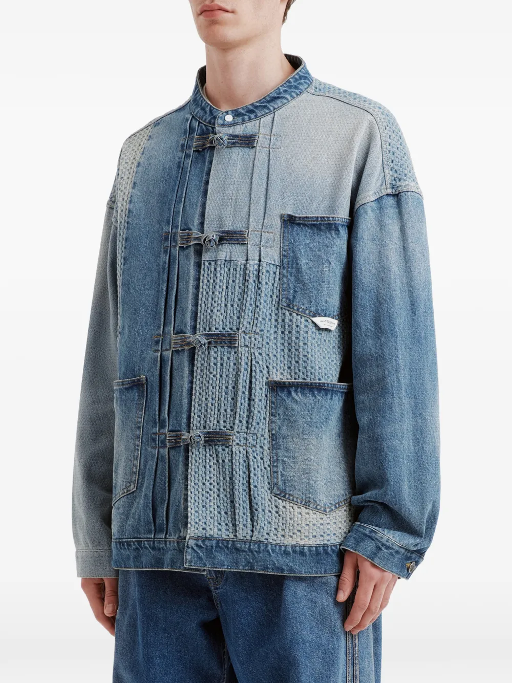  Five Cm Patchwork Knot-fastening Cotton Jacket - Blue 