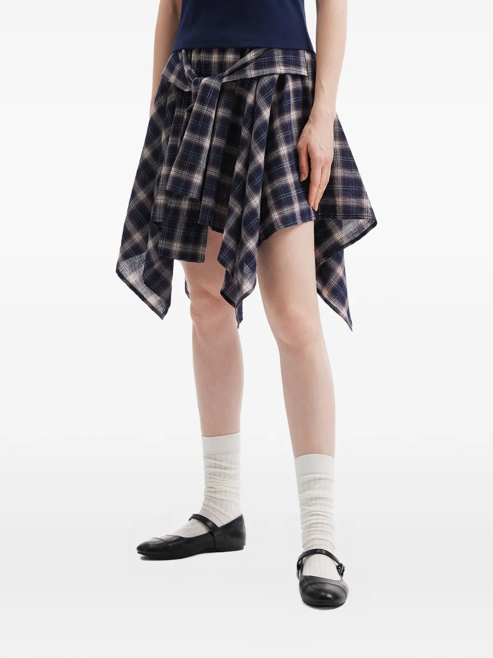  B+ab Tie-waist Check-pattern Asymmetric Skirt - Blue 