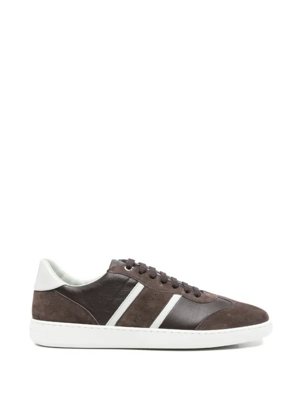 Ferragamo Striped-detail Leather Sneakers in Brown
