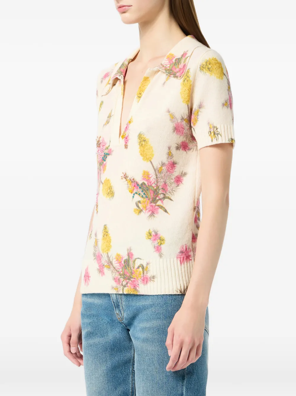 Blumarine Top met wingtip kraag en bloemenprint Beige
