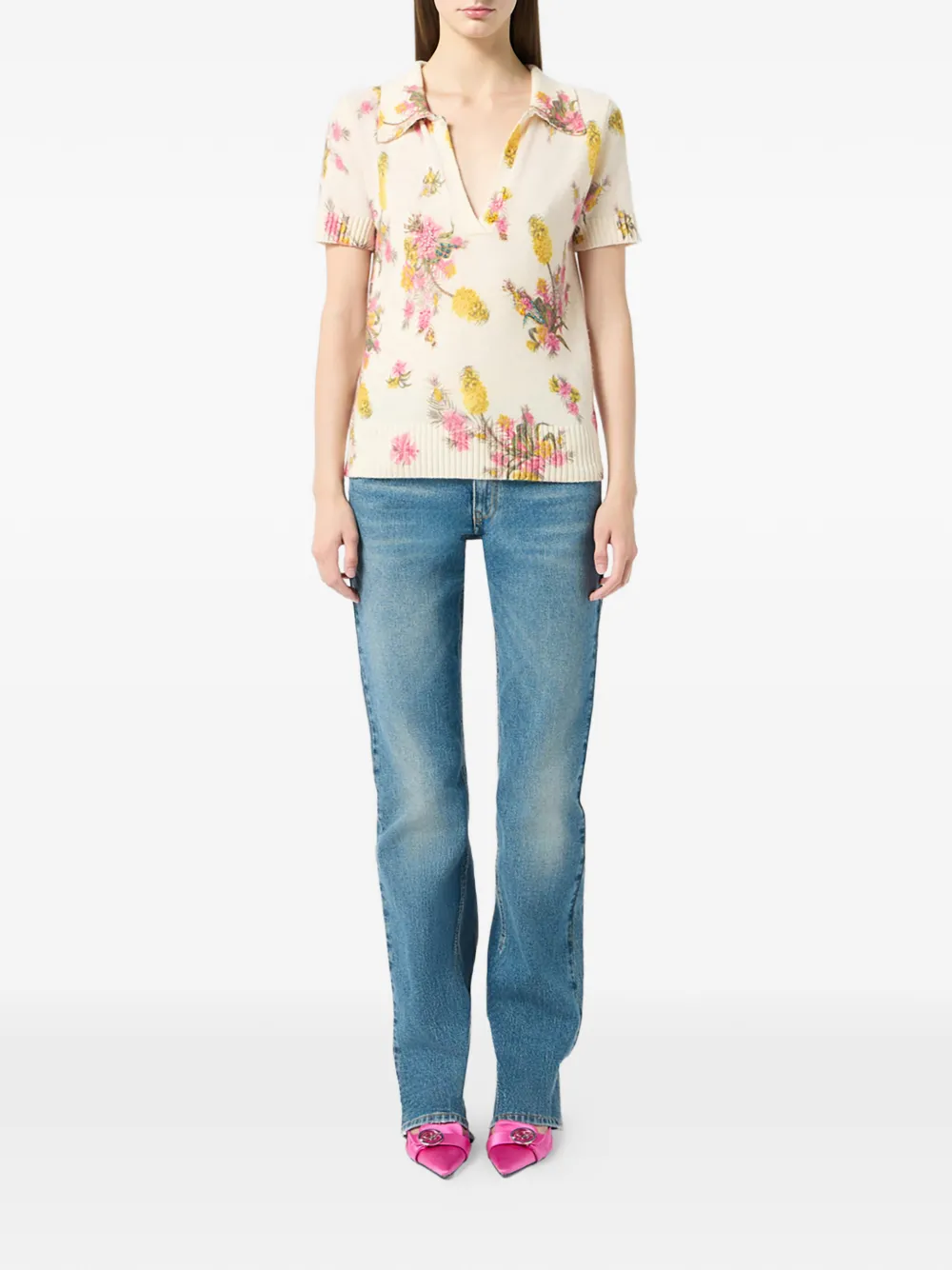 Blumarine Top met wingtip kraag en bloemenprint Beige