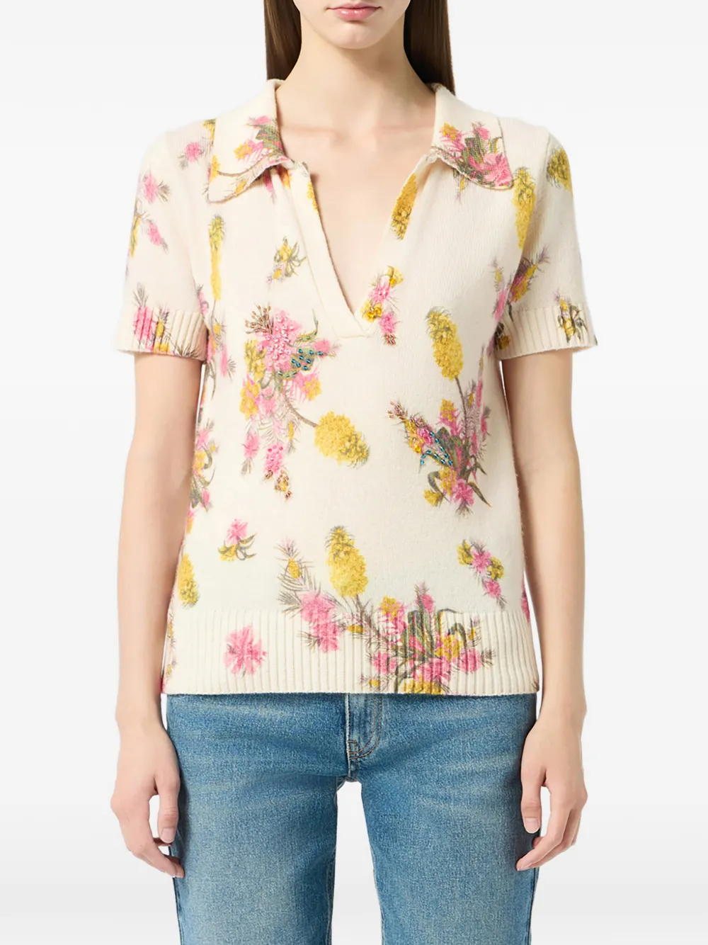 Blumarine wingtip-collar floral-print top - Nude