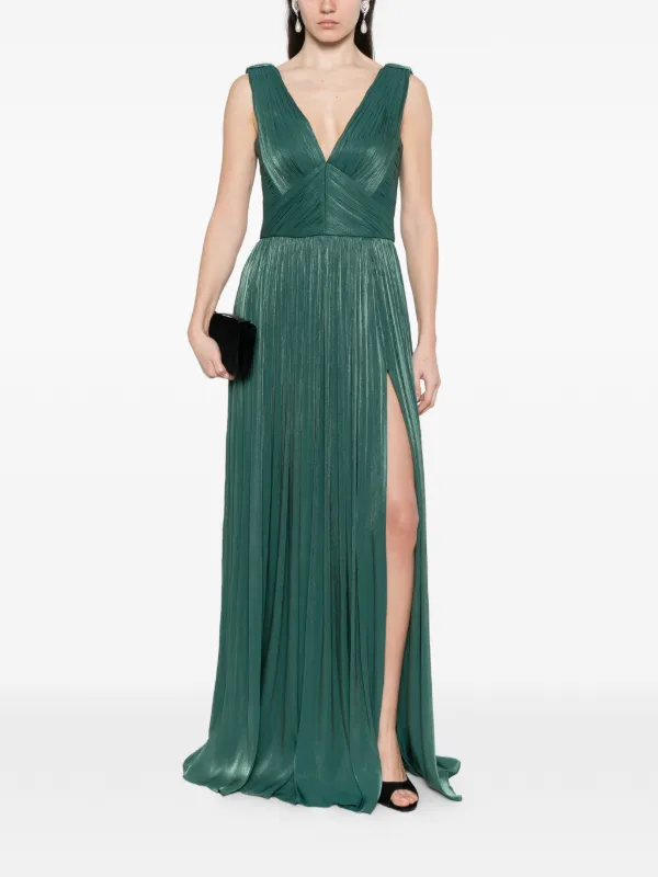 costarellos green dress Anilia Lurex Georgette Plunge Neckline Gown 42 a deep V neckline