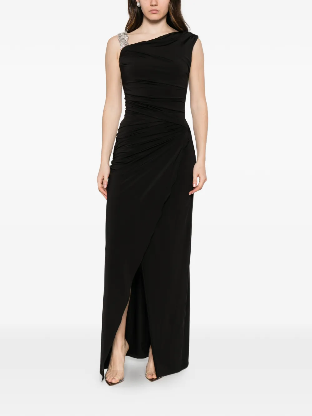 Amen crystal-embellished ruched asymmetric maxi dress - Nero