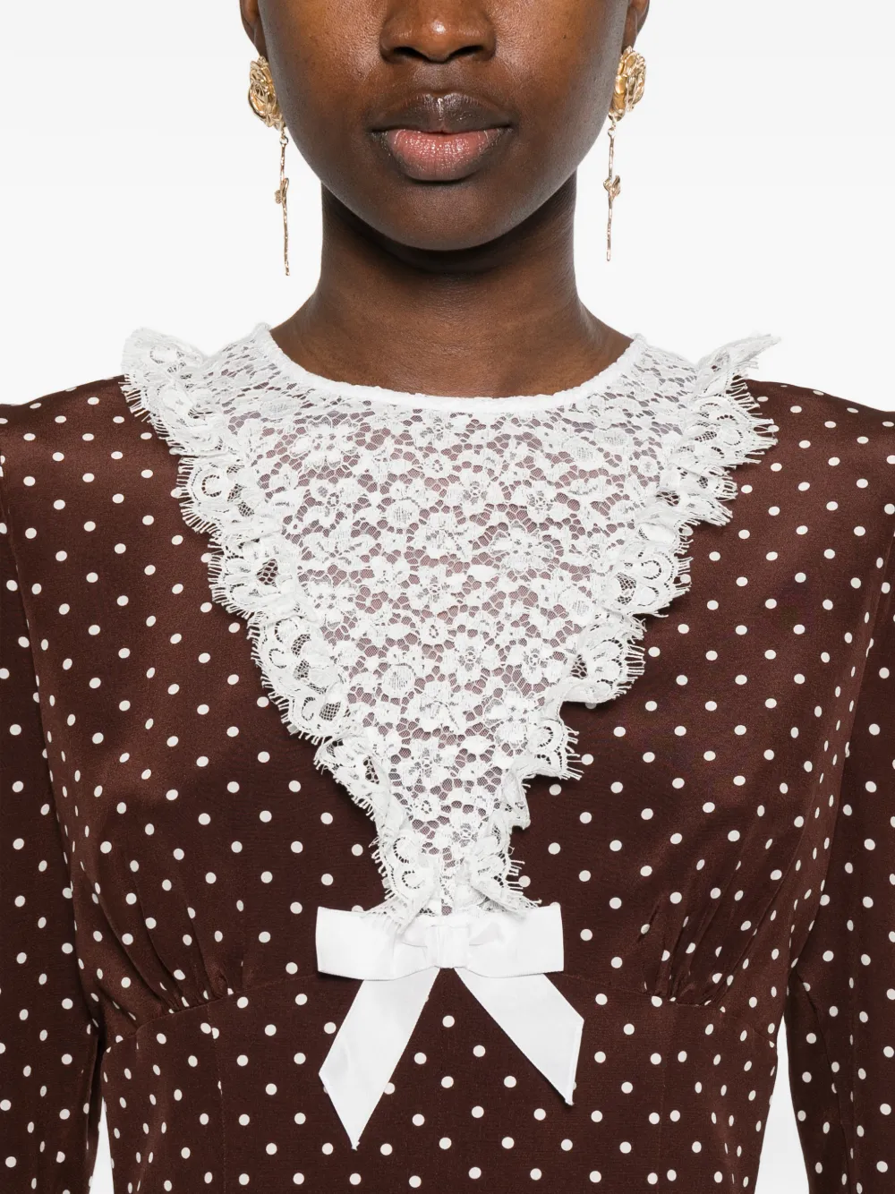 Alessandra Rich Midi-jurk met stippen en kant Bruin