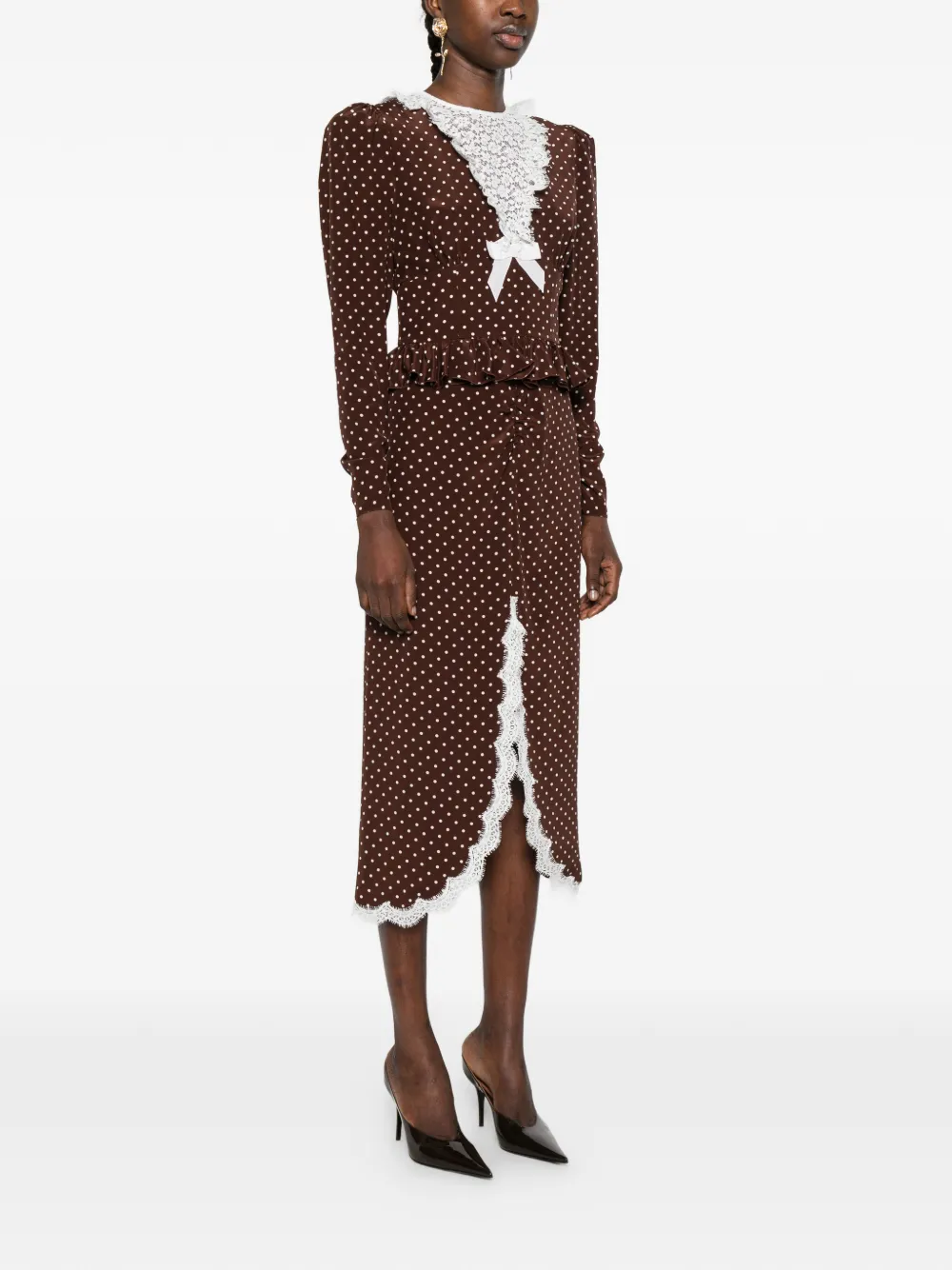 Alessandra Rich Midi-jurk met stippen en kant Bruin