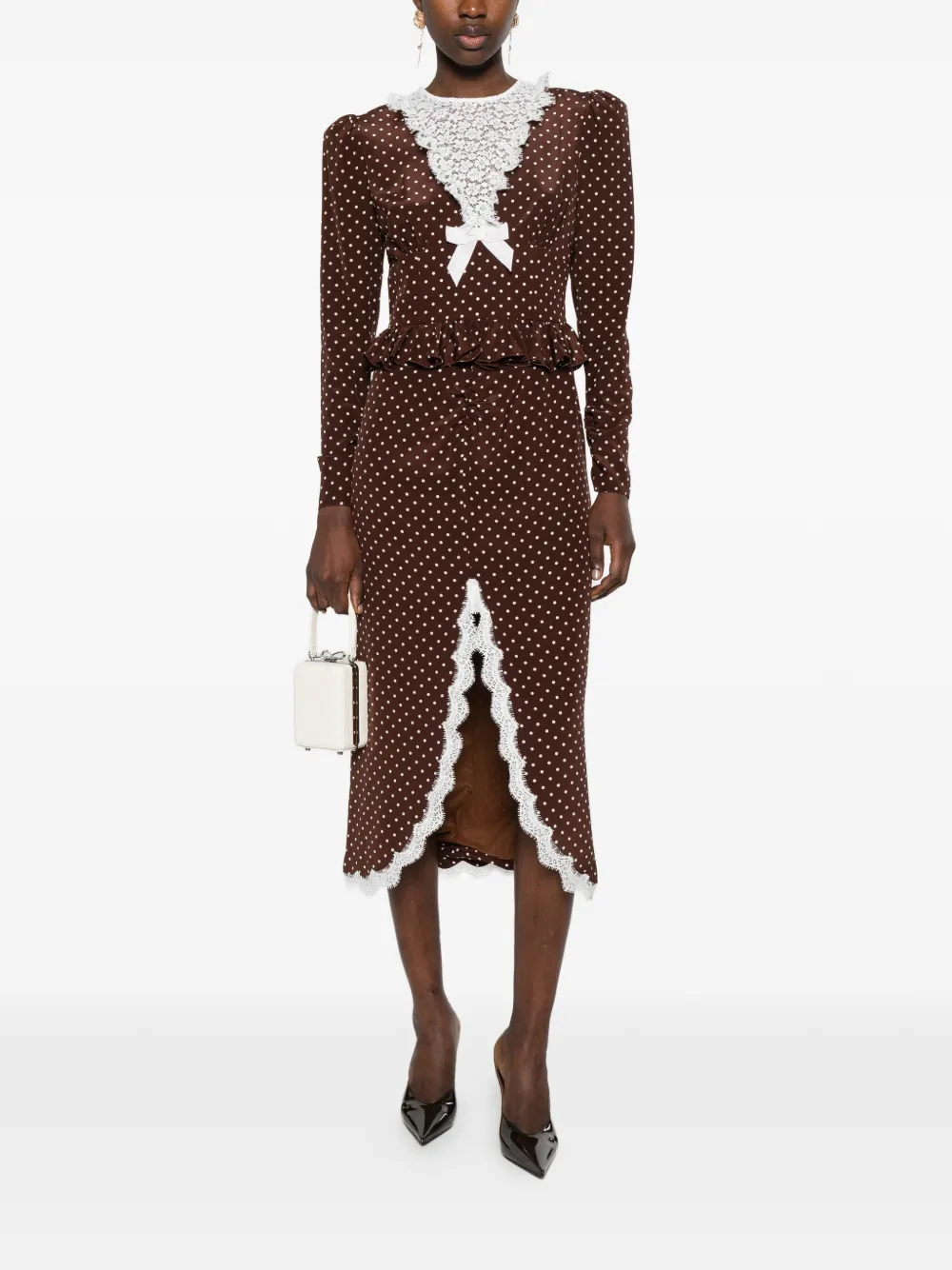 Alessandra Rich Midi-jurk met stippen en kant Bruin
