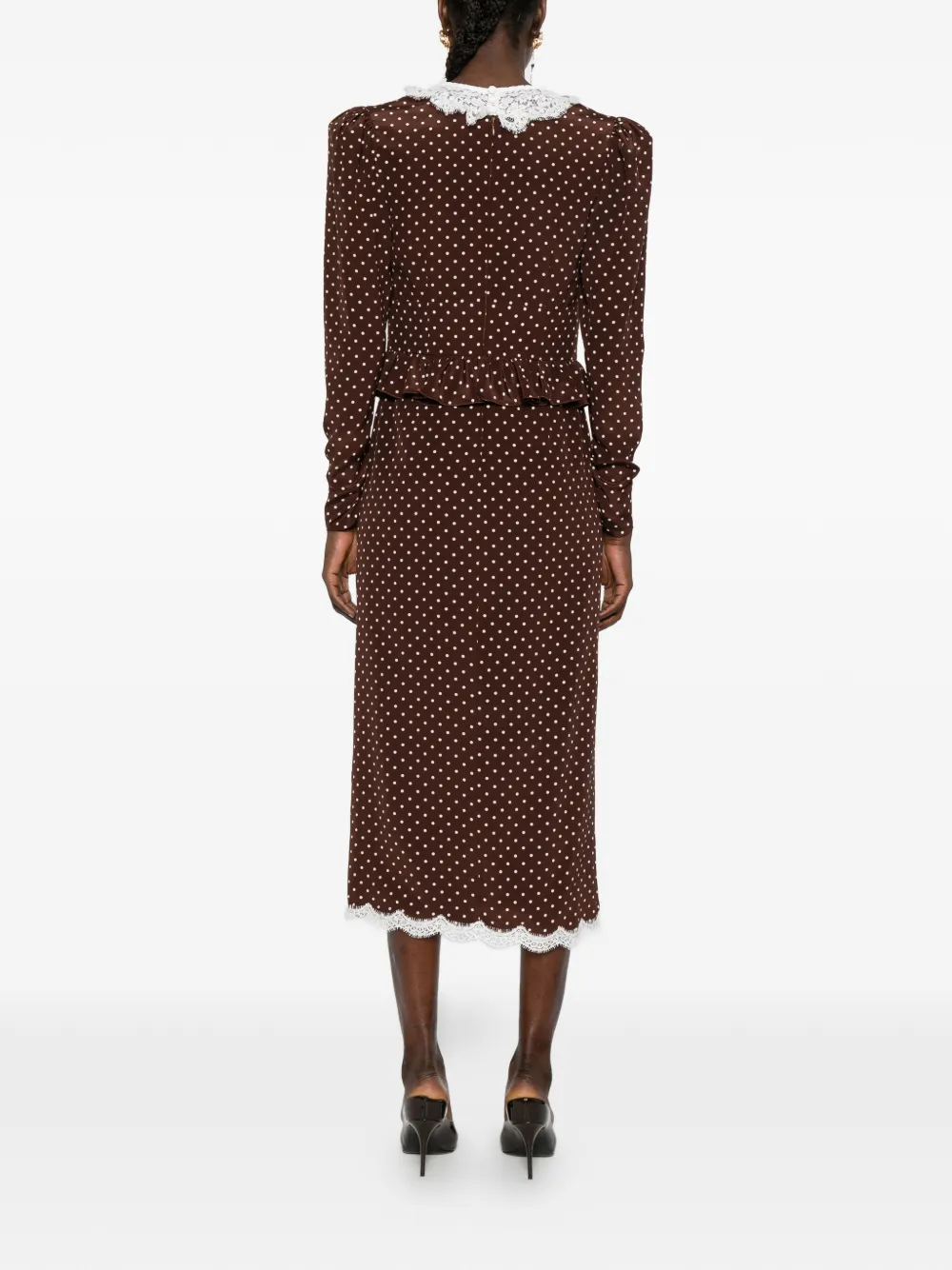 Alessandra Rich Midi-jurk met stippen en kant Bruin