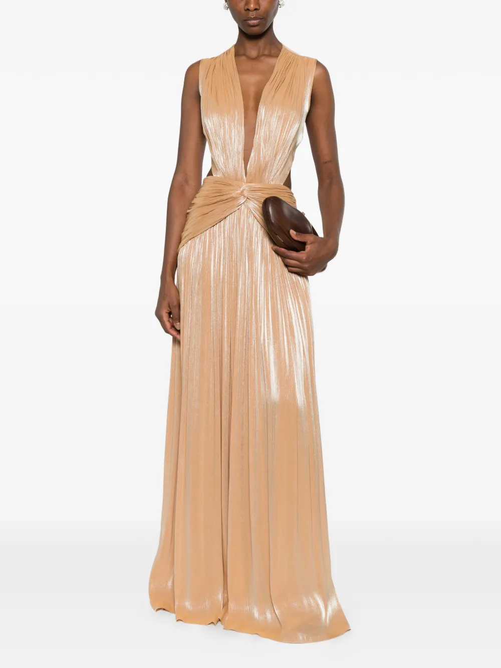 Costarellos Lurex Georgette maxi-jurk met uitgesneden details en plooien Beige