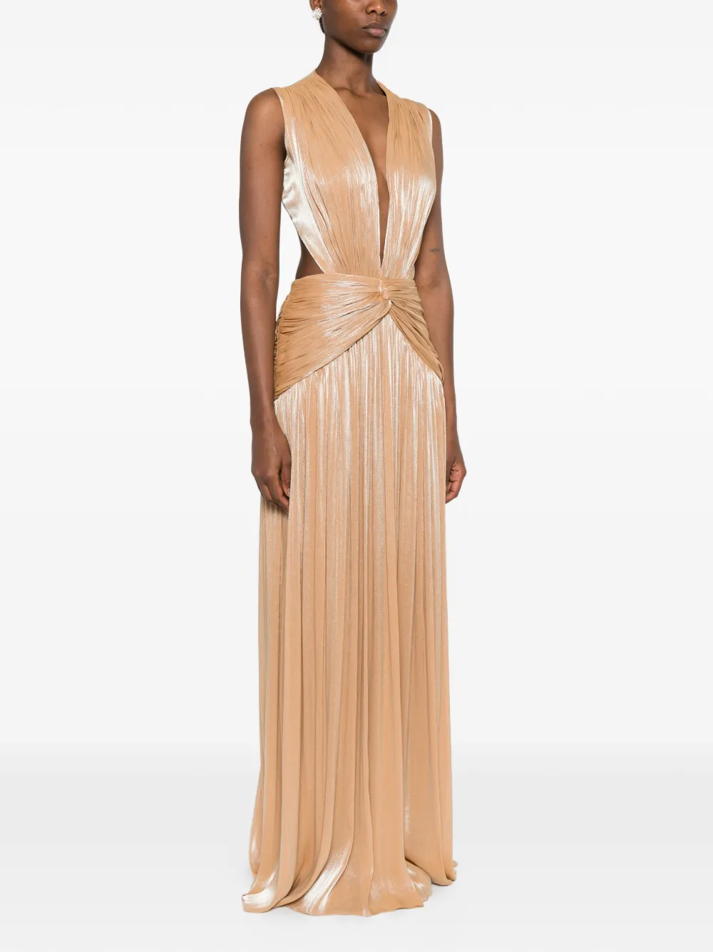 Costarellos Lurex Georgette maxi-jurk met uitgesneden details en plooien Beige