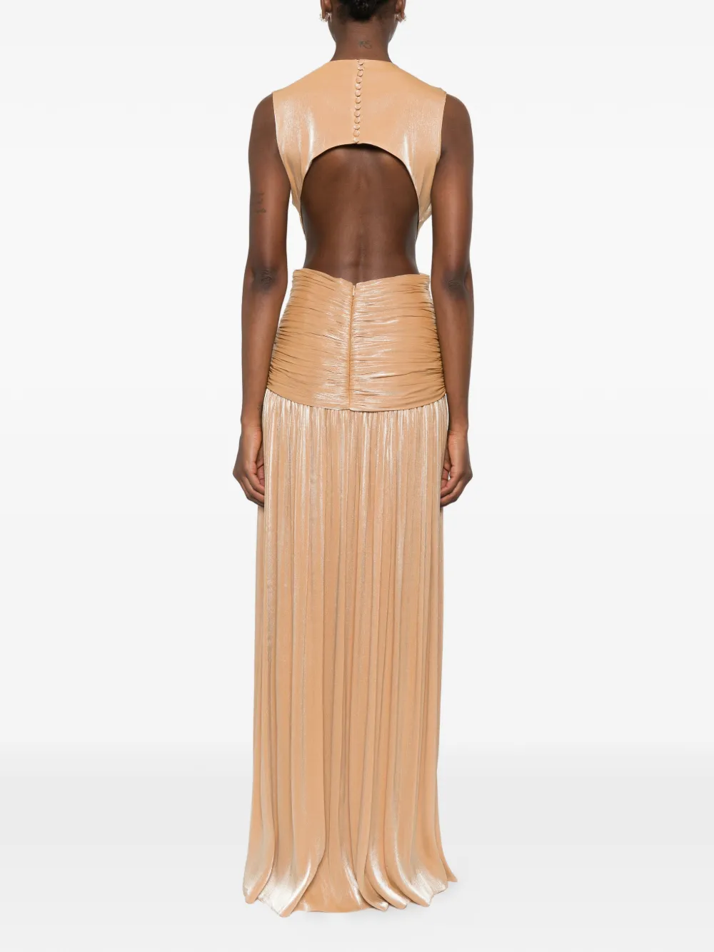 Costarellos Lurex Georgette maxi-jurk met uitgesneden details en plooien Beige