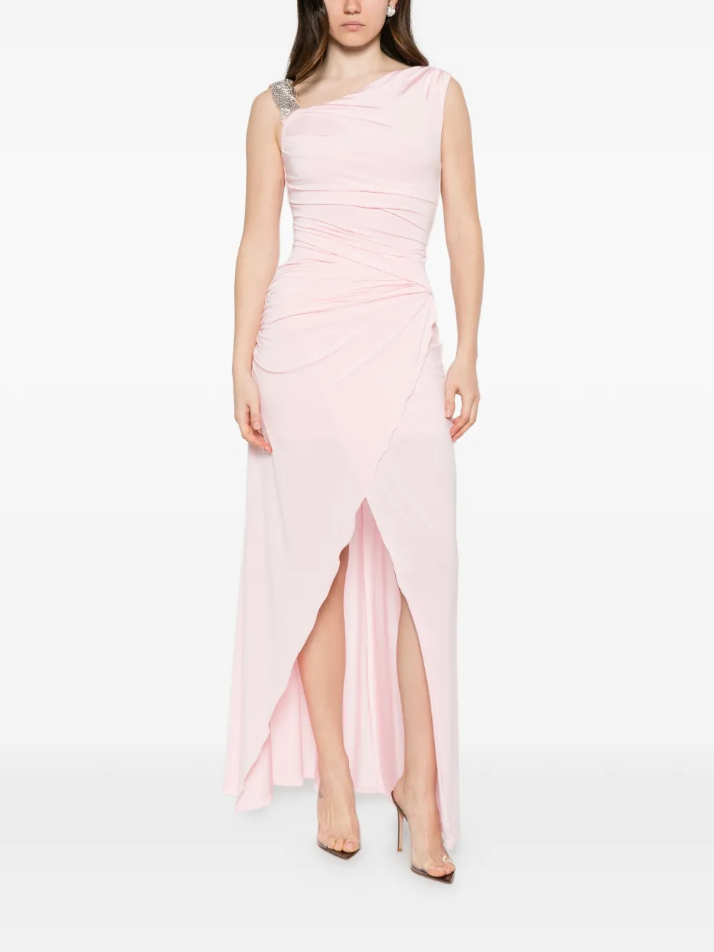 Amen ruched crystal-embellished asymmetric maxi dress - Rosa