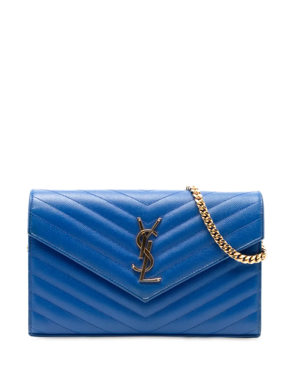 Saint Laurent Pre-Owned Borsa a tracolla in pelle Grain de Poudre Envelope con motivo chevron, monogramma e catena 2015 - Blu