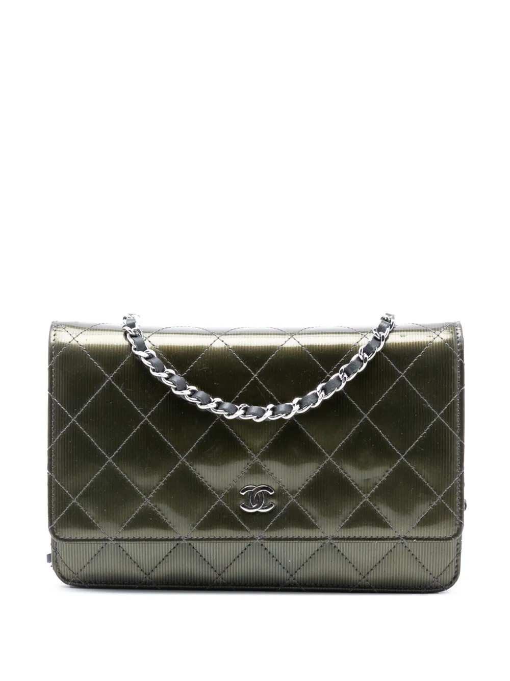 CHANEL Pre-Owned 2012-2013 CC Quilted Metallic Patent Striped Wallet on Chain crossbody bag - Verde