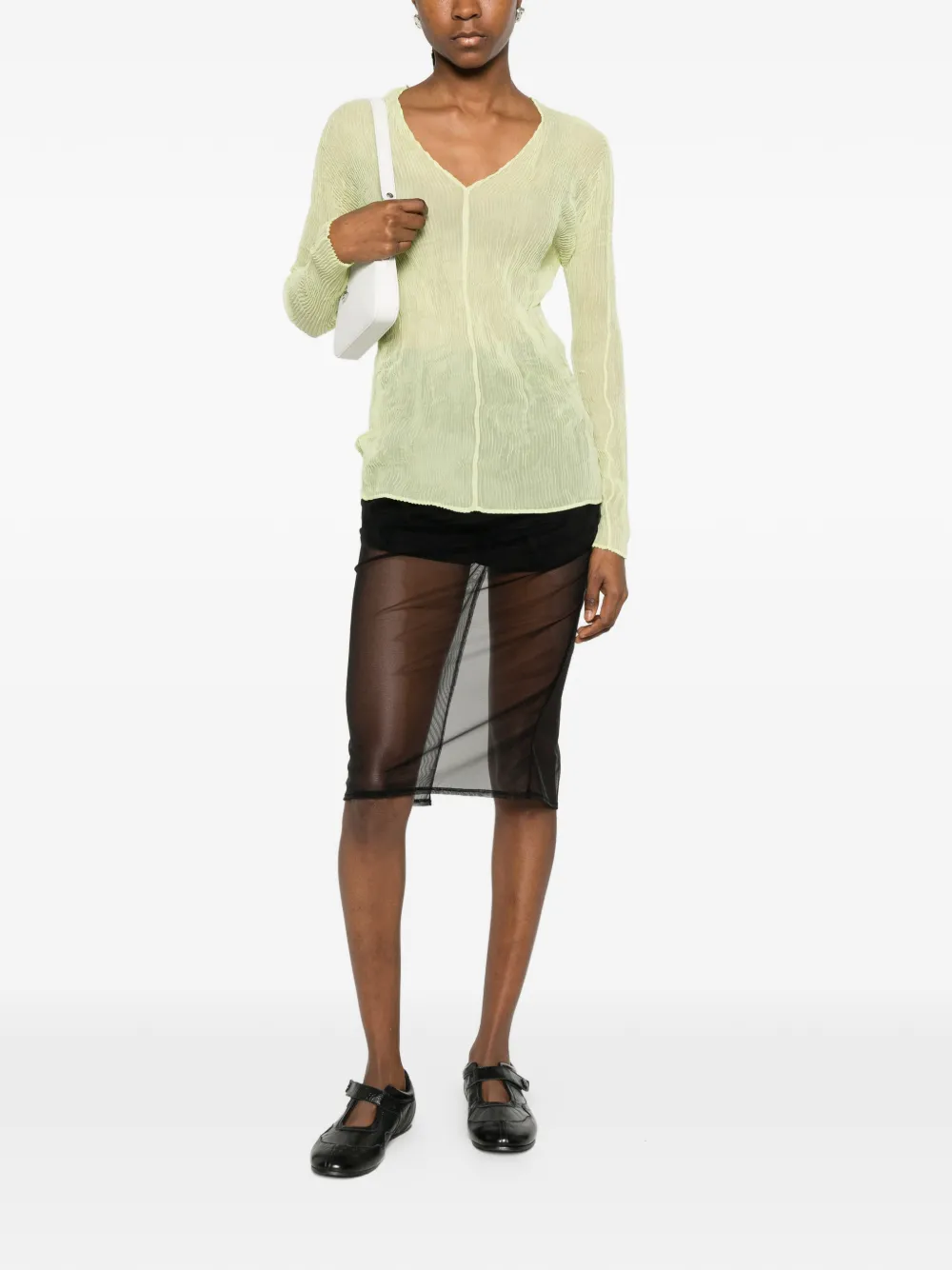 Issey Miyake T-shirt met V-hals en ruches Groen
