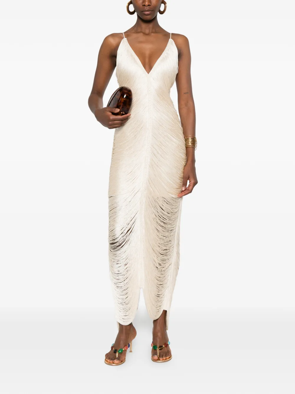  Bless Solé Fringed V-neck Maxi Dress - Neutrals 