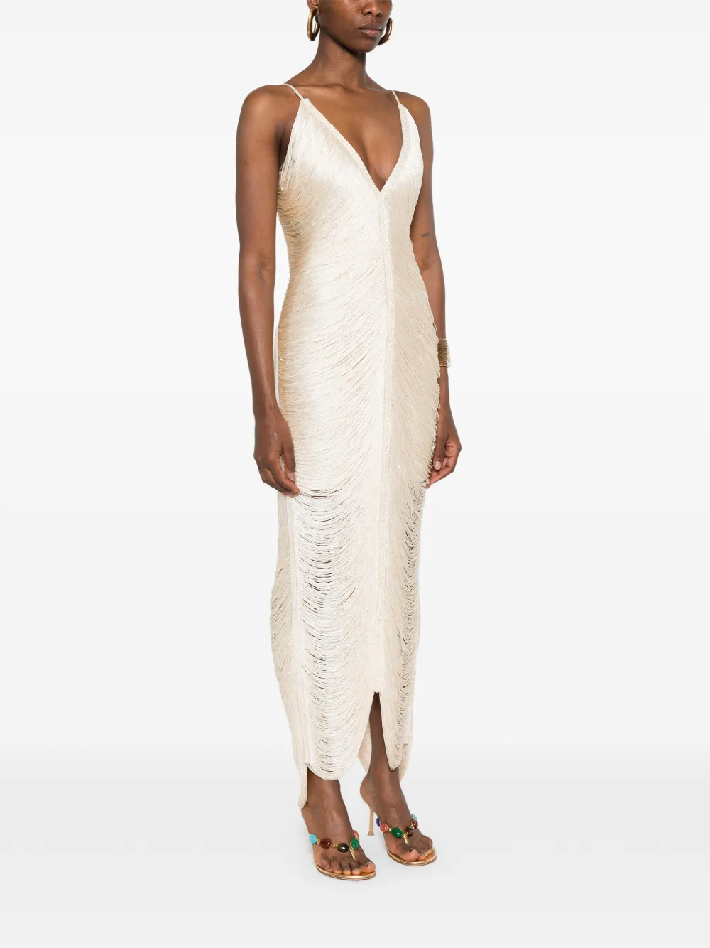  Bless Solé Fringed V-neck Maxi Dress - Neutrals 