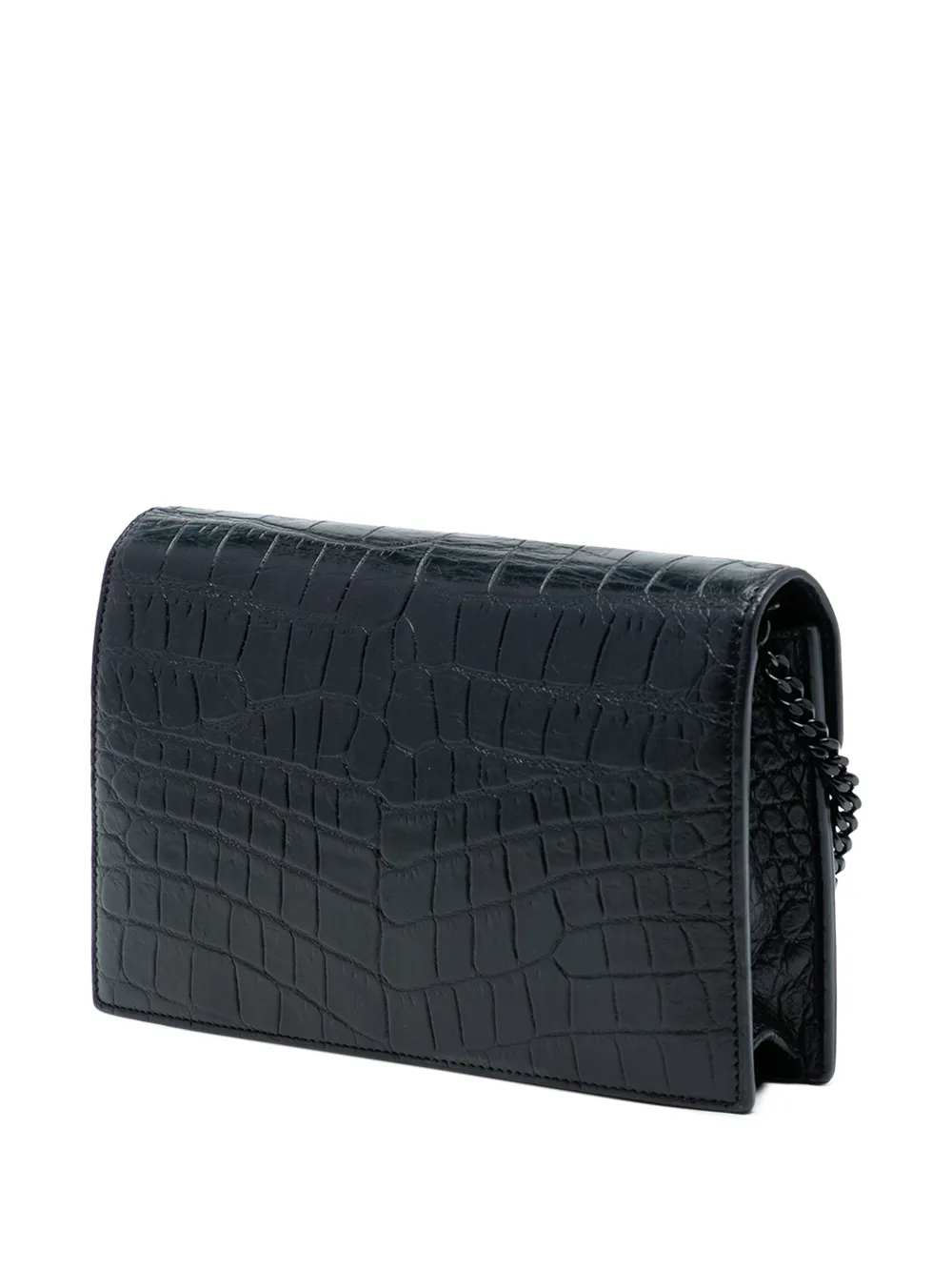  Saint Laurent Pre-owned 2016 Croc Embossed Leather Monogram Monochrome Envelope Chain Wallet Crossbody Bag - Black 