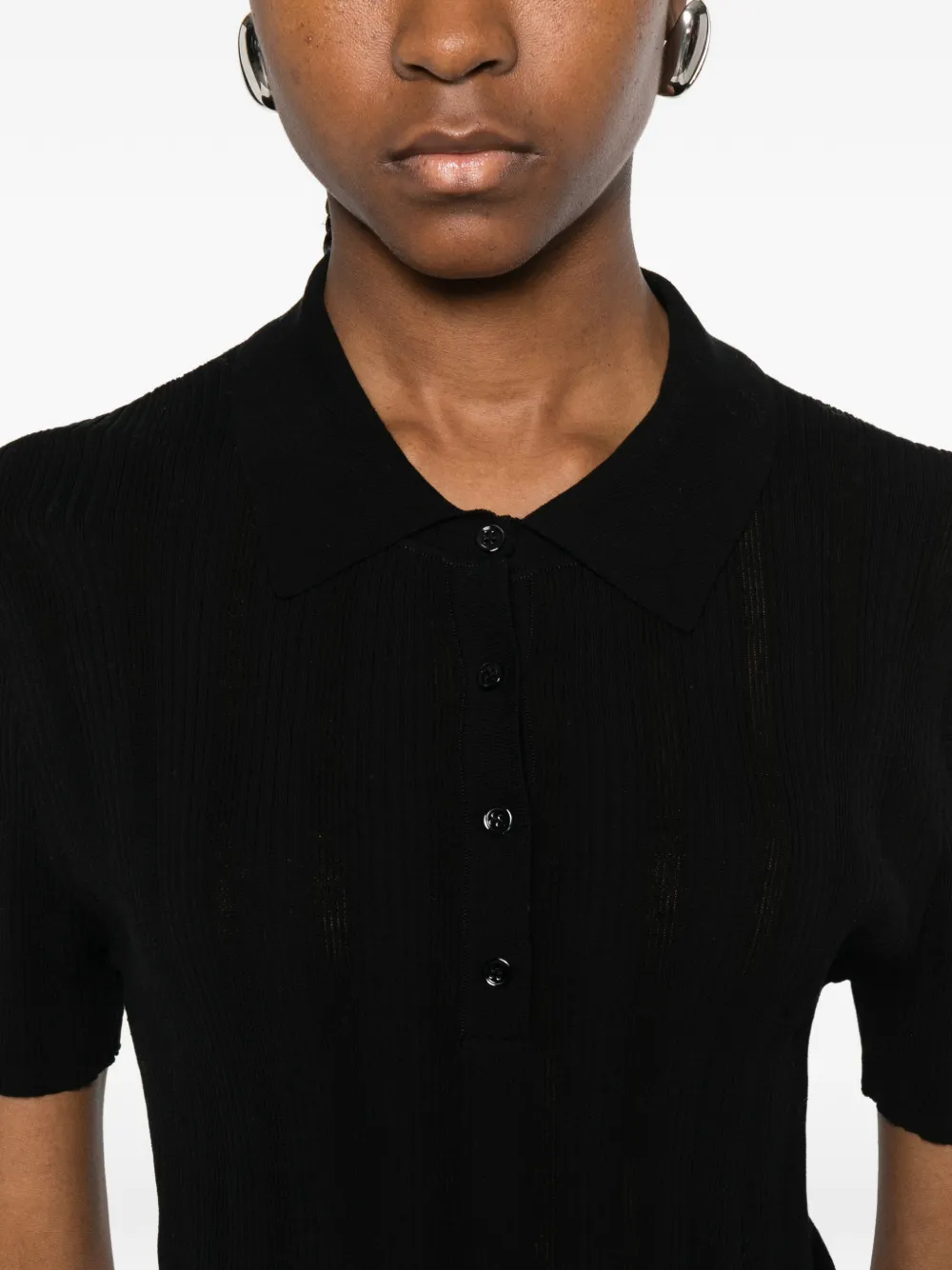 Ribbed Button-Fastening Polo Top