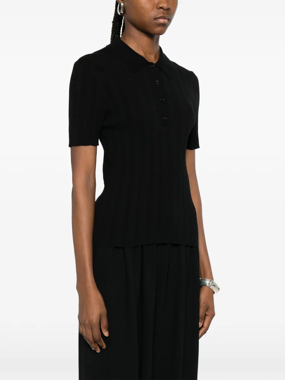 Ribbed Button-Fastening Polo Top
