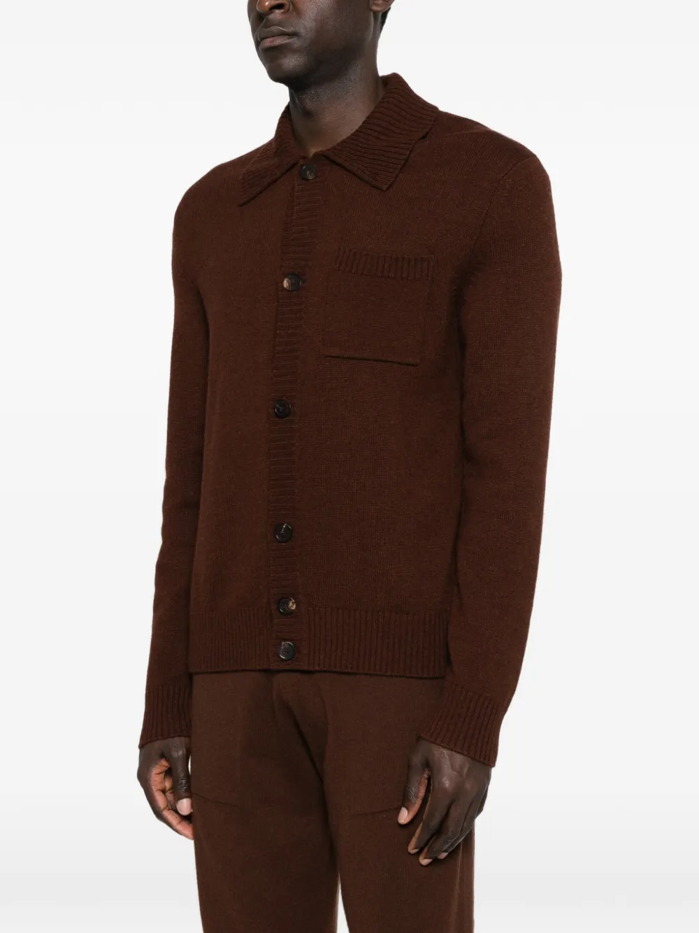 Ribbed Shirt-Collar Cardigan