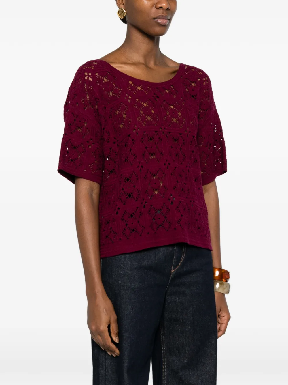 Guipure Openwork Button Blouse