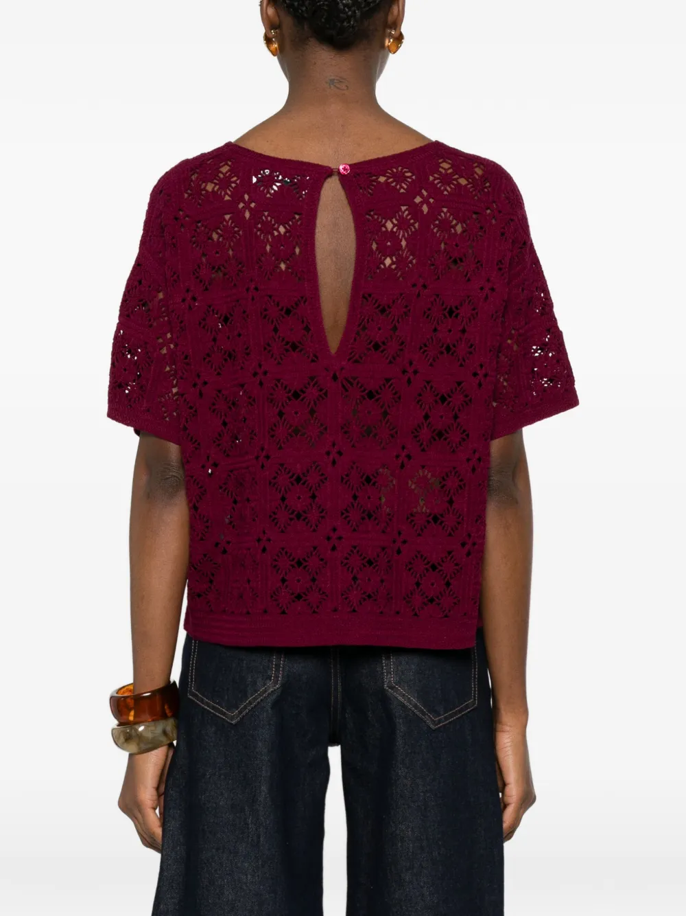 Guipure Openwork Button Blouse