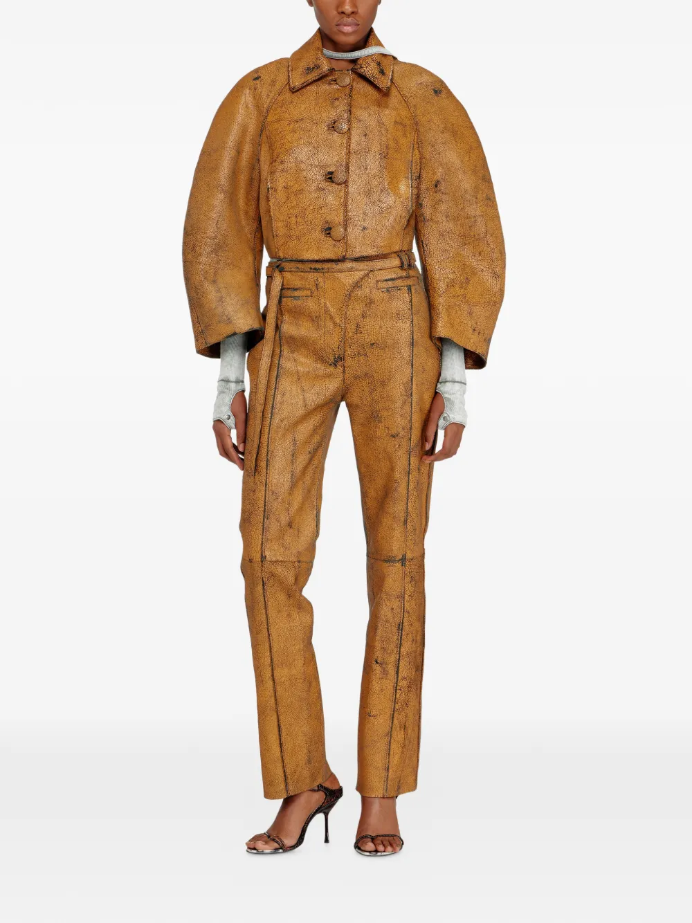  Diesel L-raya Cocoon-sleeve Cropped Leather Jacket - Brown 