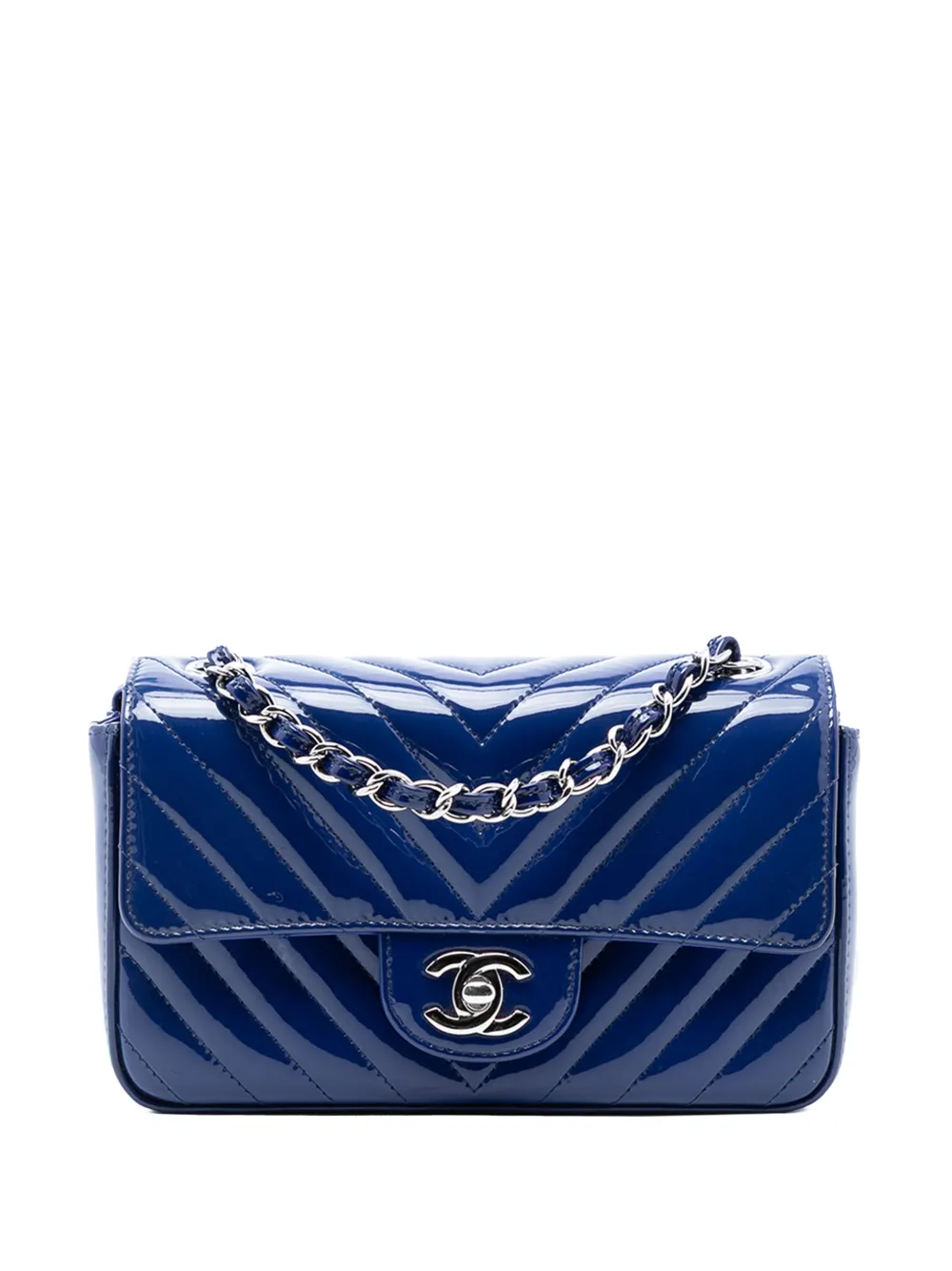 CHANEL Pre-Owned 2016-2017 Mini Rectangular Classic Chevron Patent Single Flap crossbody bag - Blu