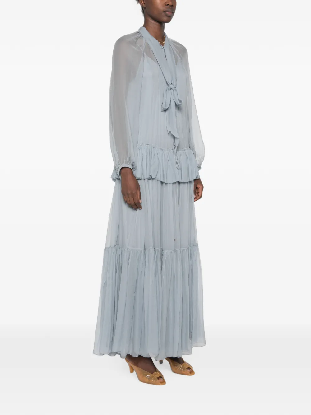 Chloé Fluid Long Dress in Silk Mousseline with Lavallière Tie in Blue, view 3