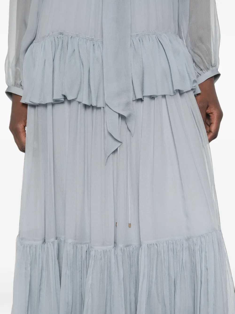Chloé Fluid Long Dress in Silk Mousseline with Lavallière Tie in Blue, view 5