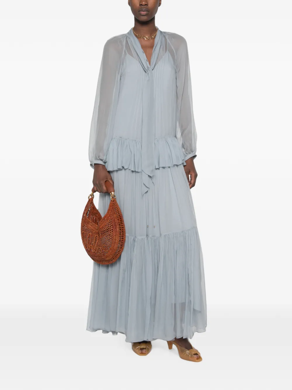 Chloé Fluid Long Dress in Silk Mousseline with Lavallière Tie in Blue, view 2