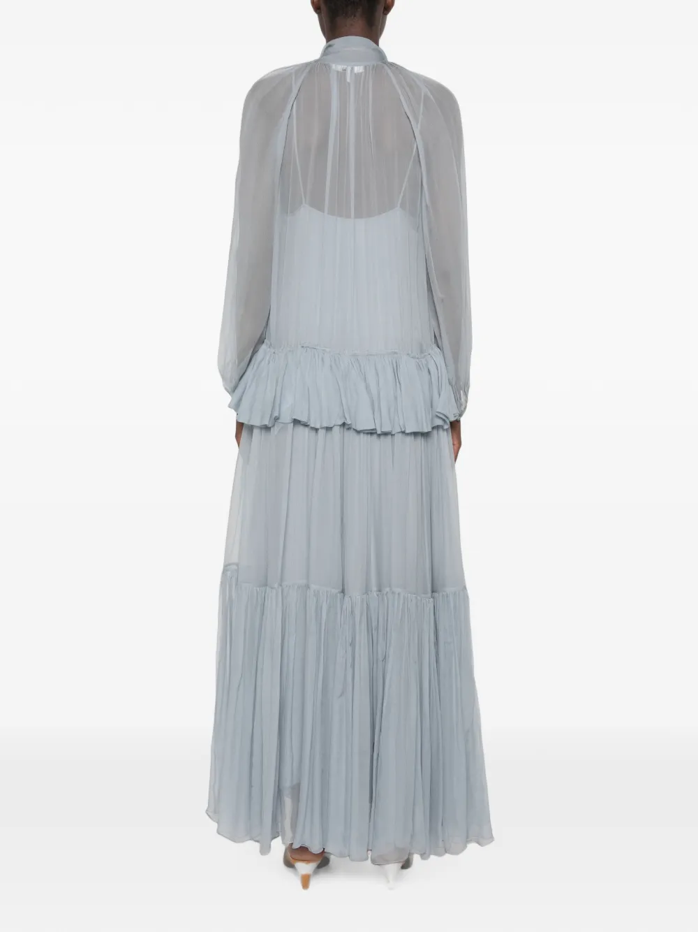 Chloé Fluid Long Dress in Silk Mousseline with Lavallière Tie in Blue, view 4