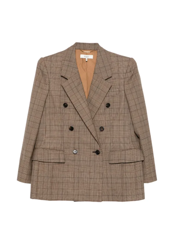 Chloé Double-breasted Tailored Jacket in Check Wool in Brown