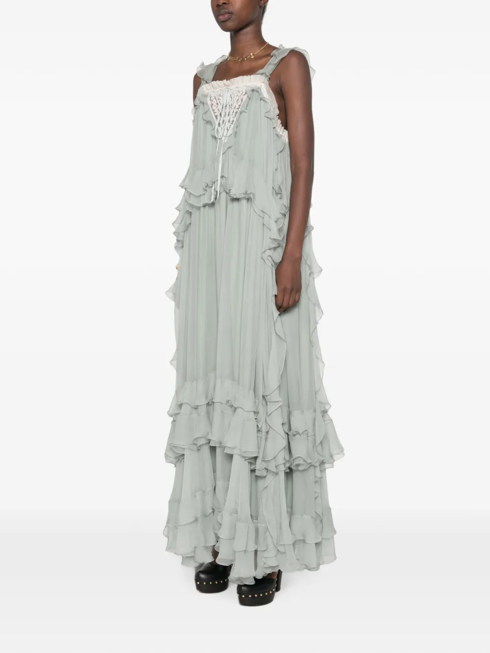 Chloé Ruffled Lace-insert Maxi Dress in Green, view 3