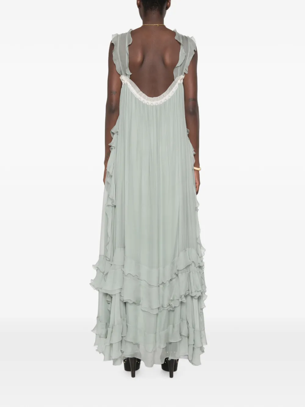 Chloé Ruffled Lace-insert Maxi Dress in Green, view 4