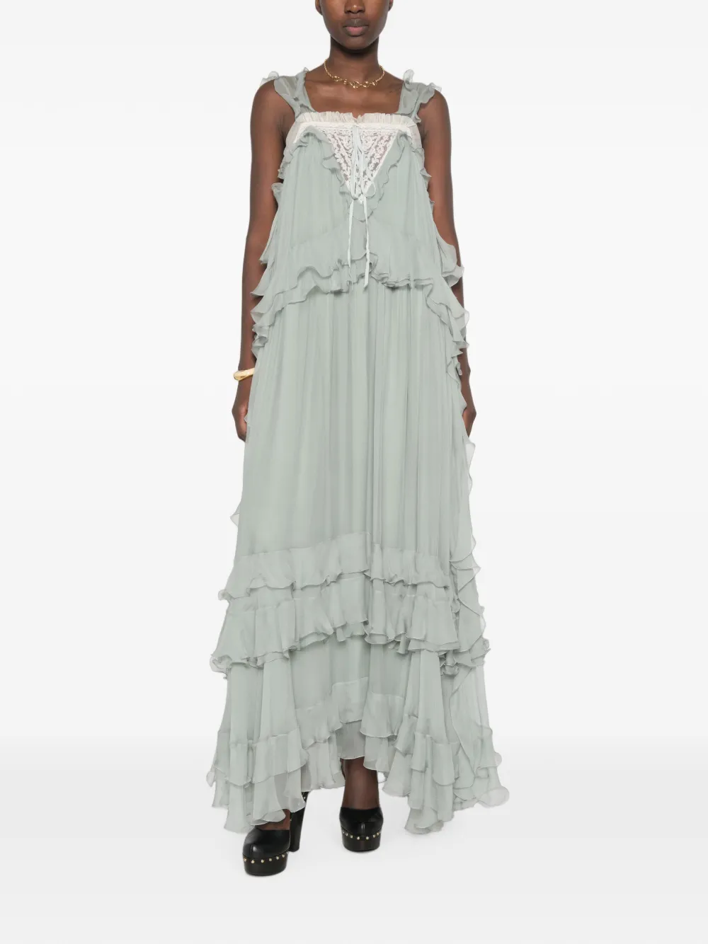 Chloé Ruffled Lace-insert Maxi Dress in Green, view 2