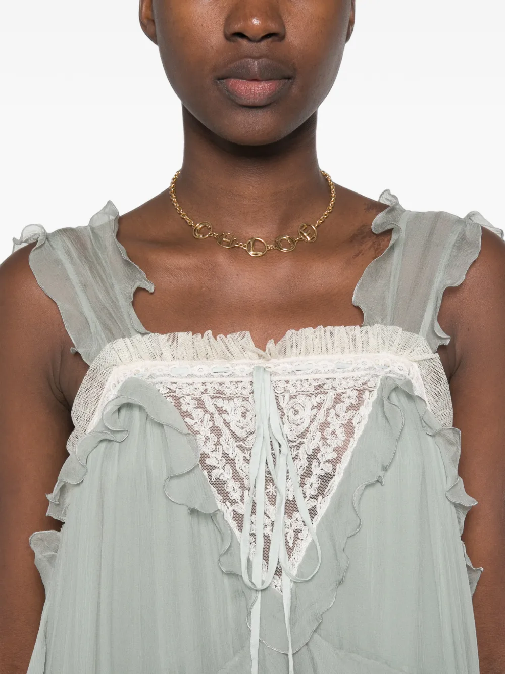 Chloé Ruffled Lace-insert Maxi Dress in Green, view 5