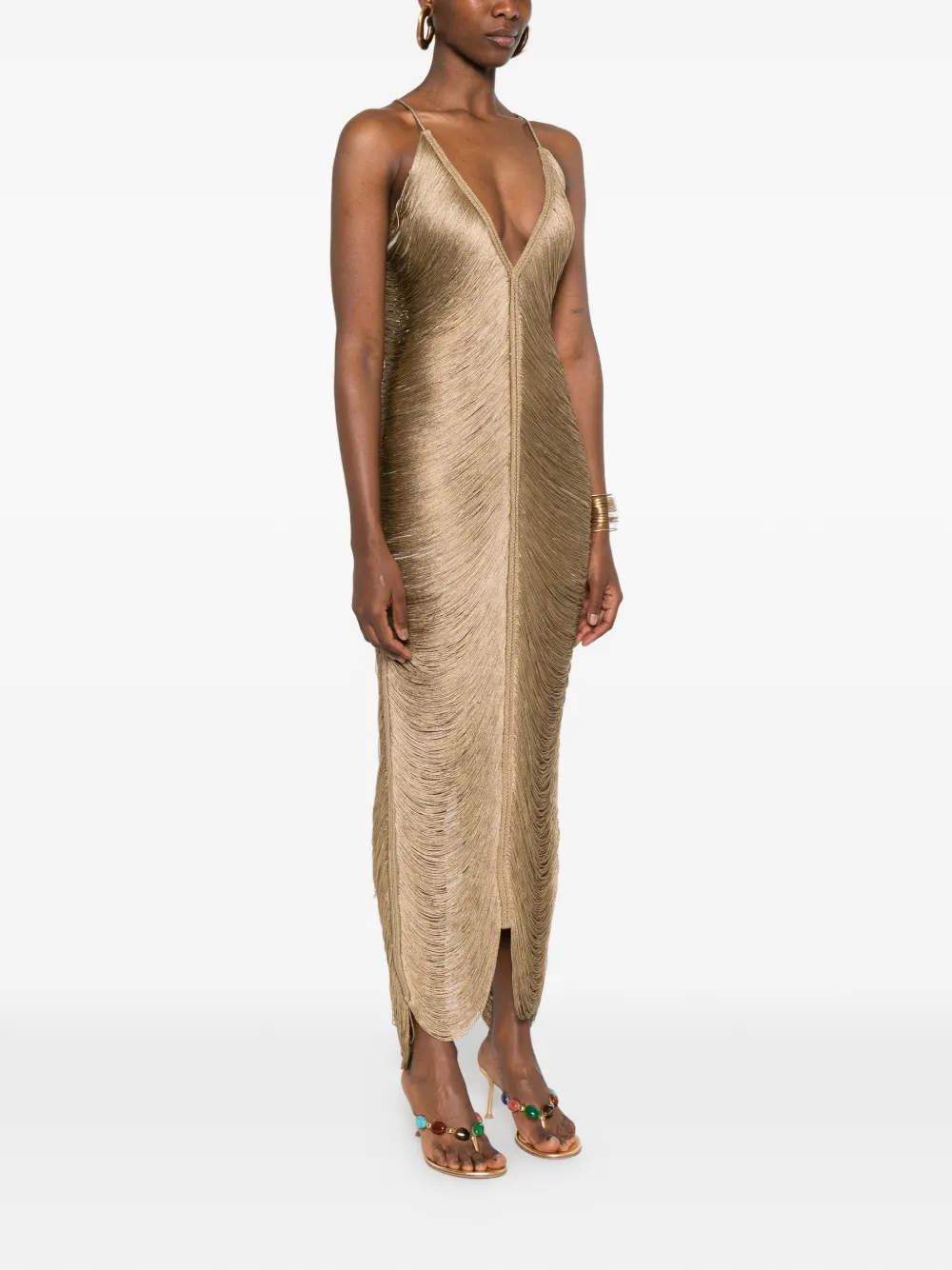  Bless Solé Fringed V-neck Maxi Dress - Neutrals 