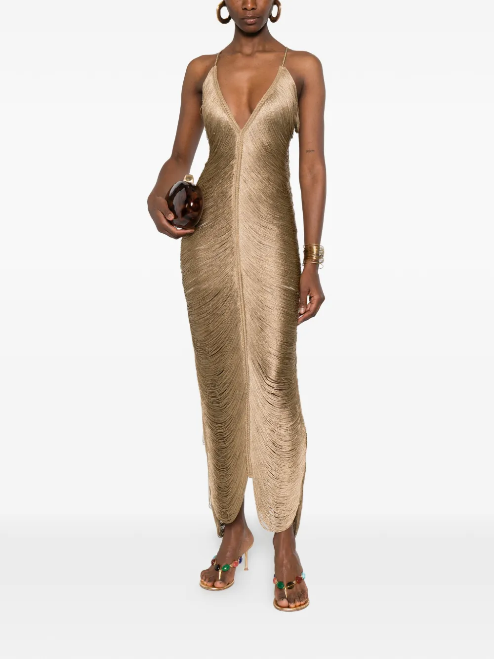  Bless Solé Fringed V-neck Maxi Dress - Neutrals 