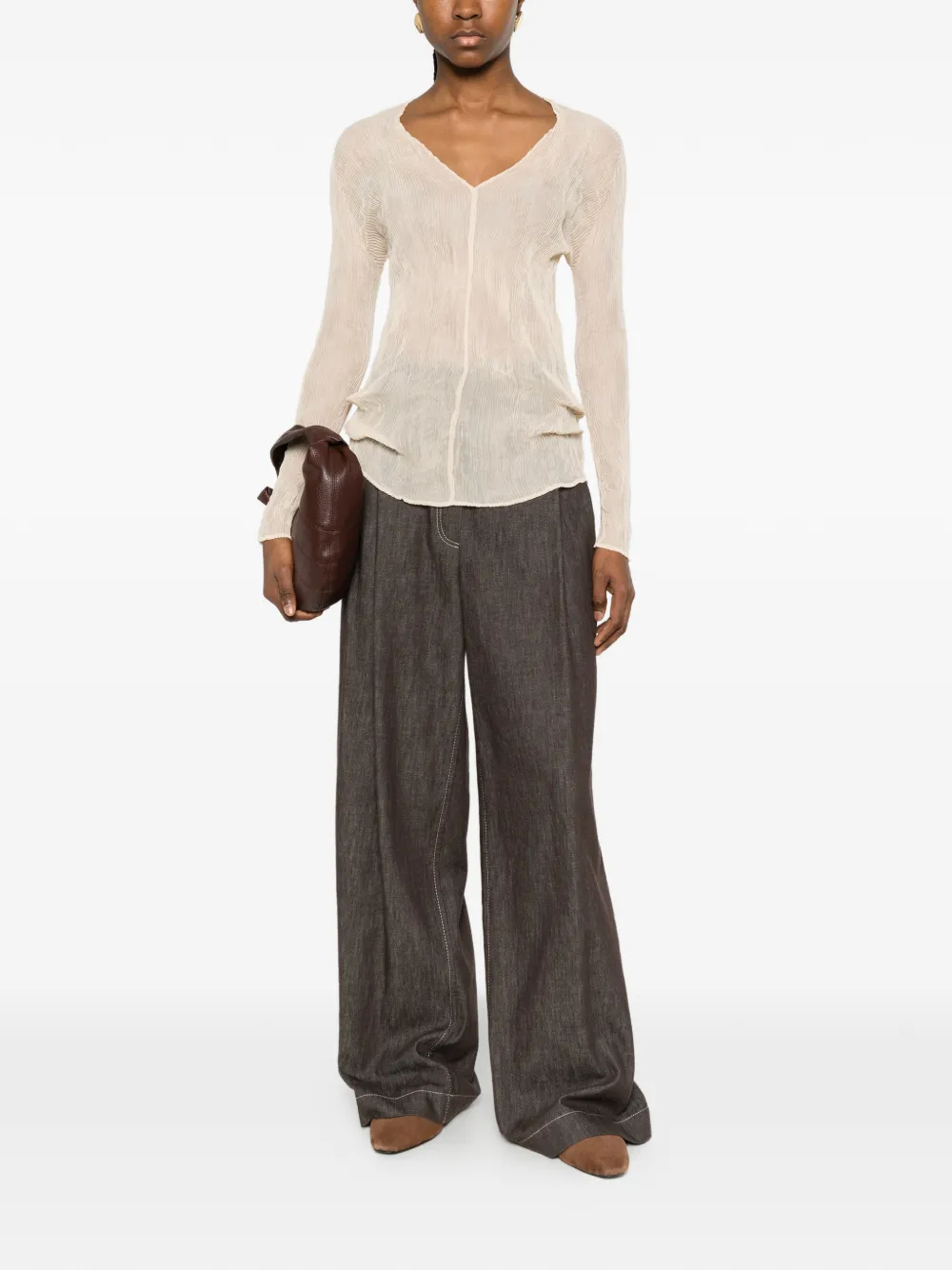  Issey Miyake V-neck Ruffled T-shirt - Neutrals 