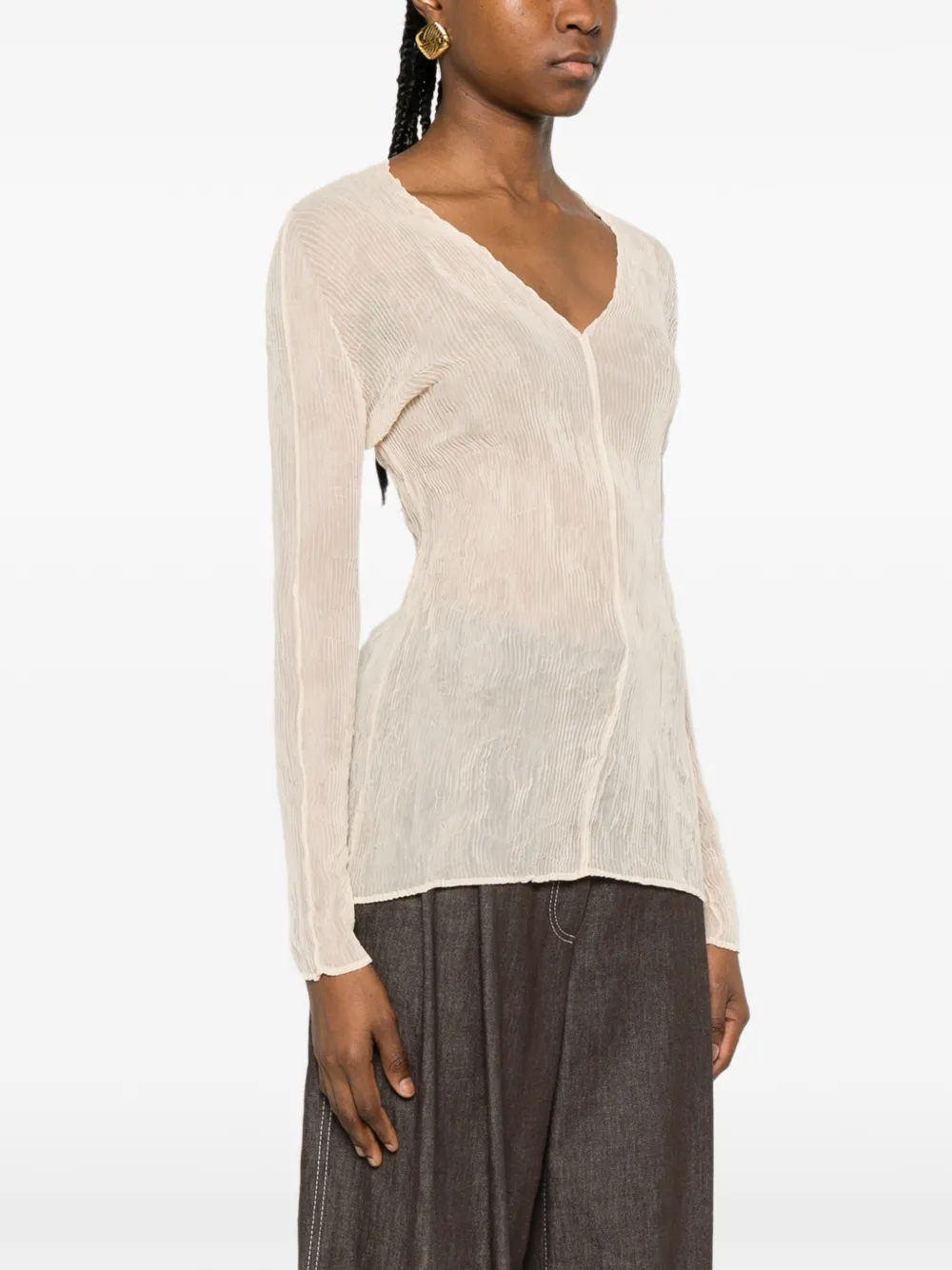  Issey Miyake V-neck Ruffled T-shirt - Neutrals 