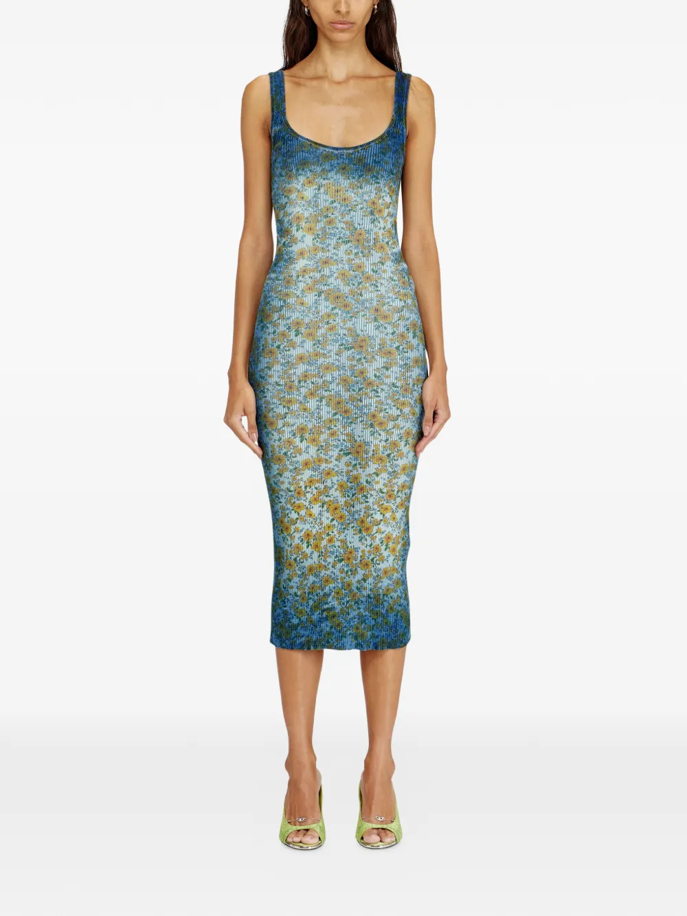 Diesel M-Egita geribbelde midi-jurk met bloemenprint Blauw