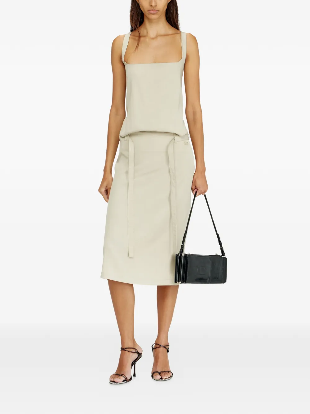 Diesel D-Sana midi-jurk met vierkante hals en gestrikte band Beige