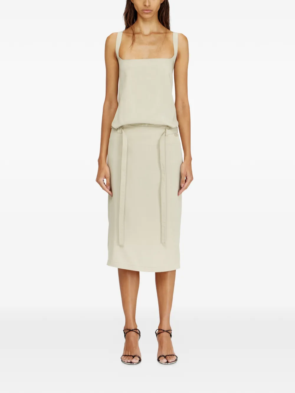 Diesel D-Sana midi-jurk met vierkante hals en gestrikte band Beige