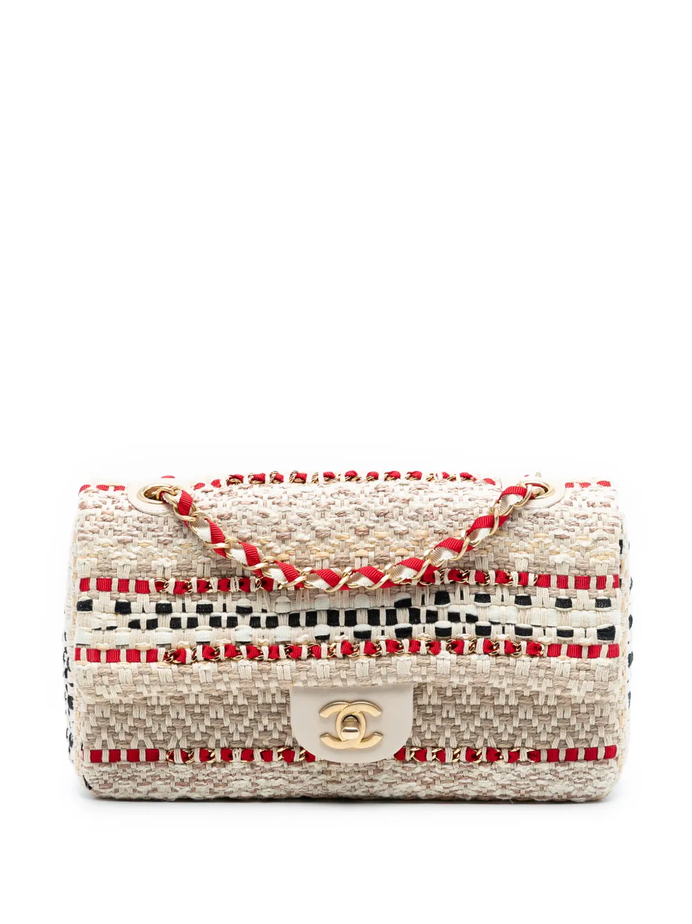 CHANEL Pre-Owned 2019 Medium Classic Tweed and Raffia Single Flap shoulder bag - Marrone