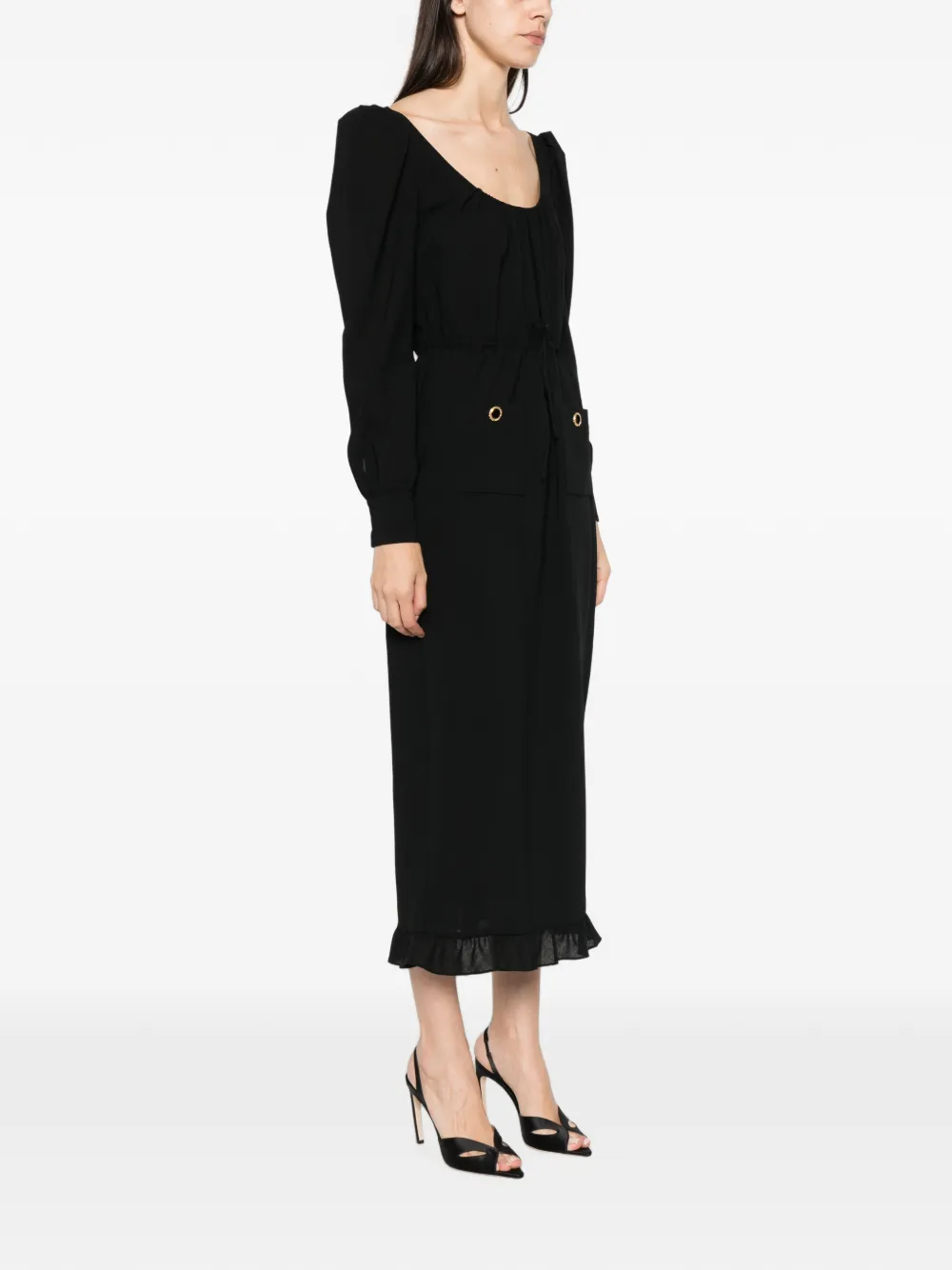Alessandra Rich Wollen crêpe midi-jurk met diepe ronde hals Zwart