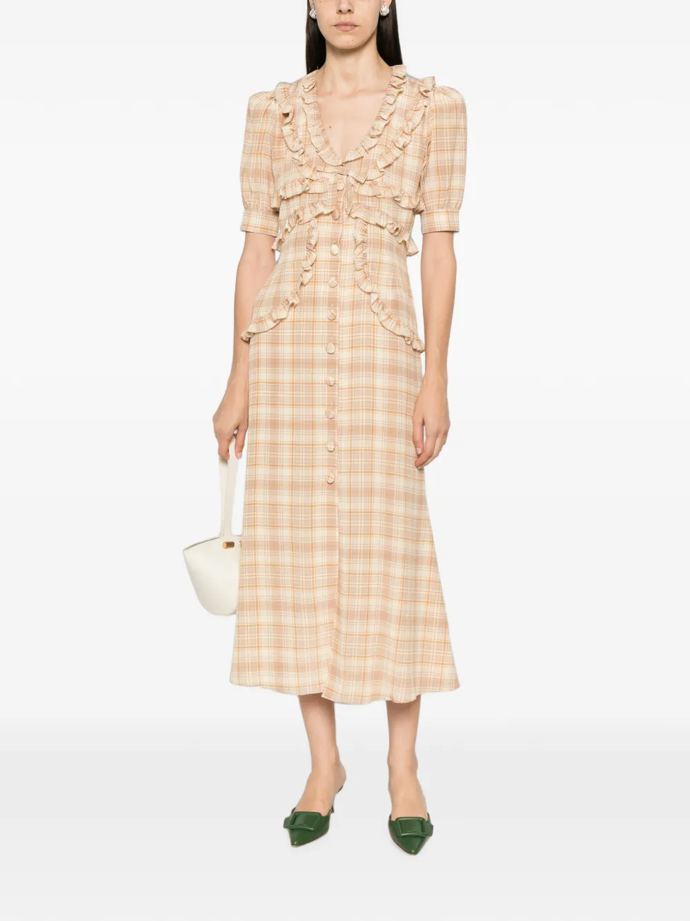 Alessandra Rich Midi-jurk met ruches-afwerking Beige